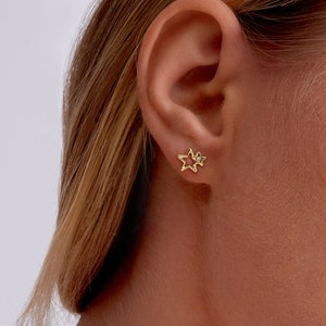 14K massief gouden sterpiercing, echt gouden sterstekers, kraakbeenstekker met schroefdraad, helix, schelp, tragus, 7 mm stift, kraakbeenpiercing, enkel