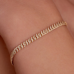 Diamond Cuban Link Bracelet in 14K Solid Gold, 14K Gold Cuban Bracelet, 3MM Thickness, Diamond Bracelet, Dainty Bracelet, Minimalist Jewelry