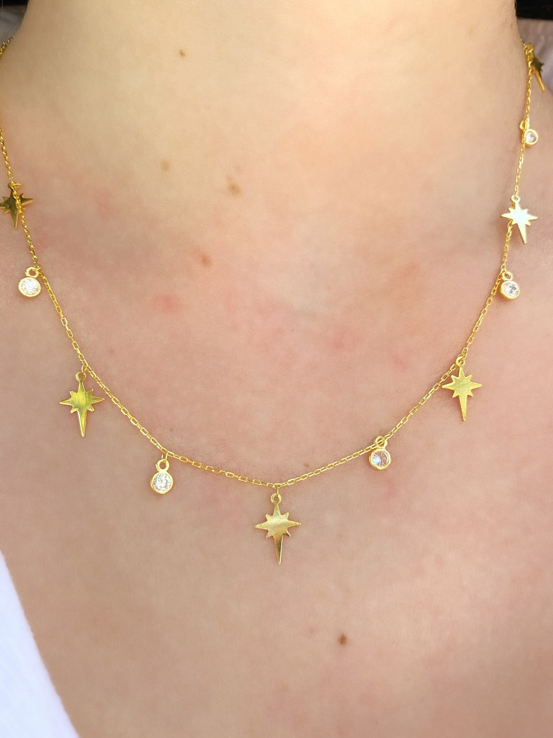 Silver Star Charm Necklace, Multiple Star Necklace, Star Choker, Gold Starburst Necklace, Dainty Star Choker, Gift for Daughter,BirthdayGift image 6
