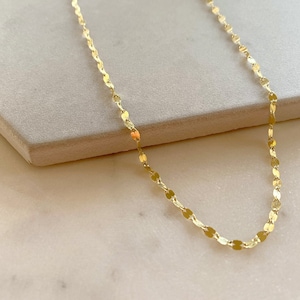 14K Gold Mirror Chain Necklace, Sparkle Chain Necklace, Flat Link Chain Necklace, Solid Gold Glitter Chain Necklace, Delicate Gold Chain