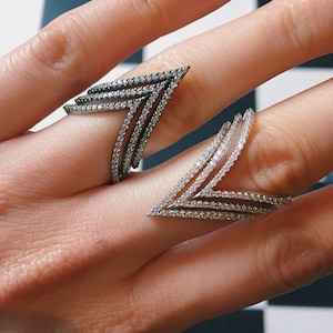 V Shape Ring, 925 Sterling Silver Pave Ring, Arrow Ring, Rhodium Silver Ring, Multi Layer Silver Ring, Mothers Day Gift