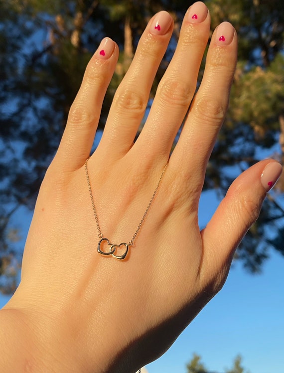 14K Double Heart Necklace Dainty Two 
