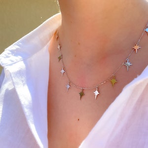 Silver Star Charm Necklace, Multiple Star Necklace, Star Choker, Gold Starburst Necklace, Dainty Star Choker, Gift for Daughter,BirthdayGift image 1