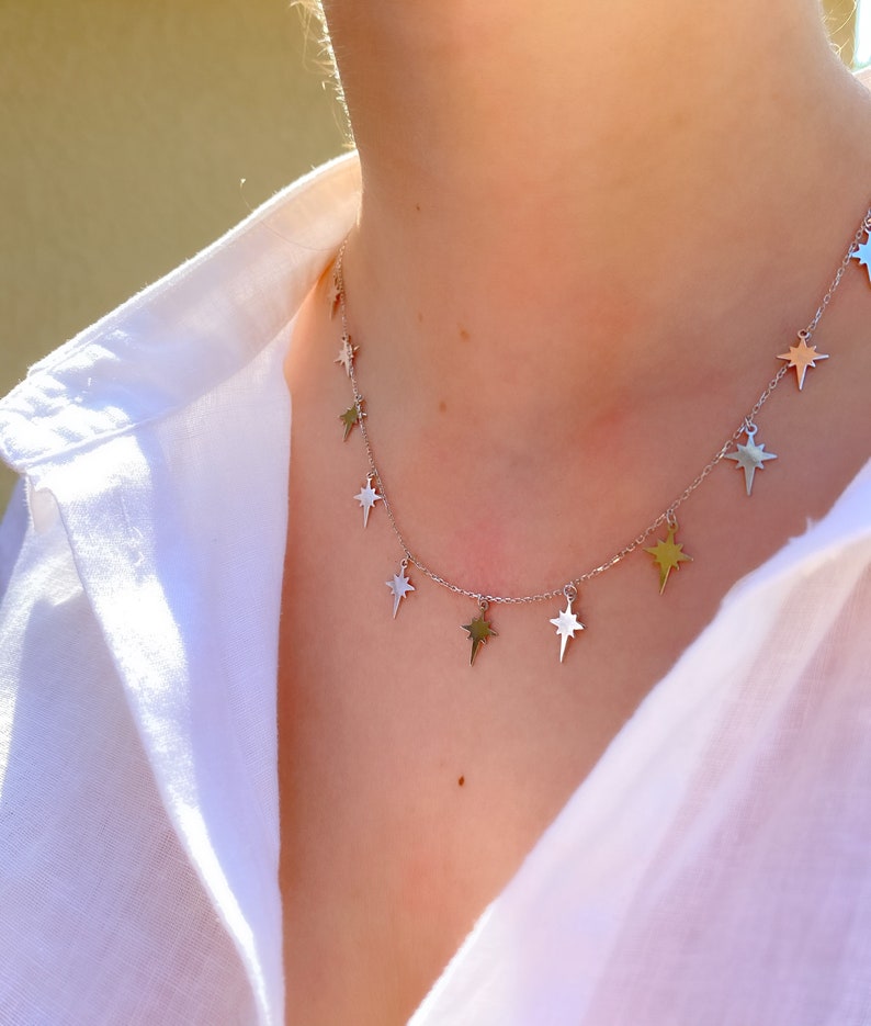 Silver Star Charm Necklace, Multiple Star Necklace, Star Choker, Gold Starburst Necklace, Dainty Star Choker, Gift for Daughter,BirthdayGift image 1