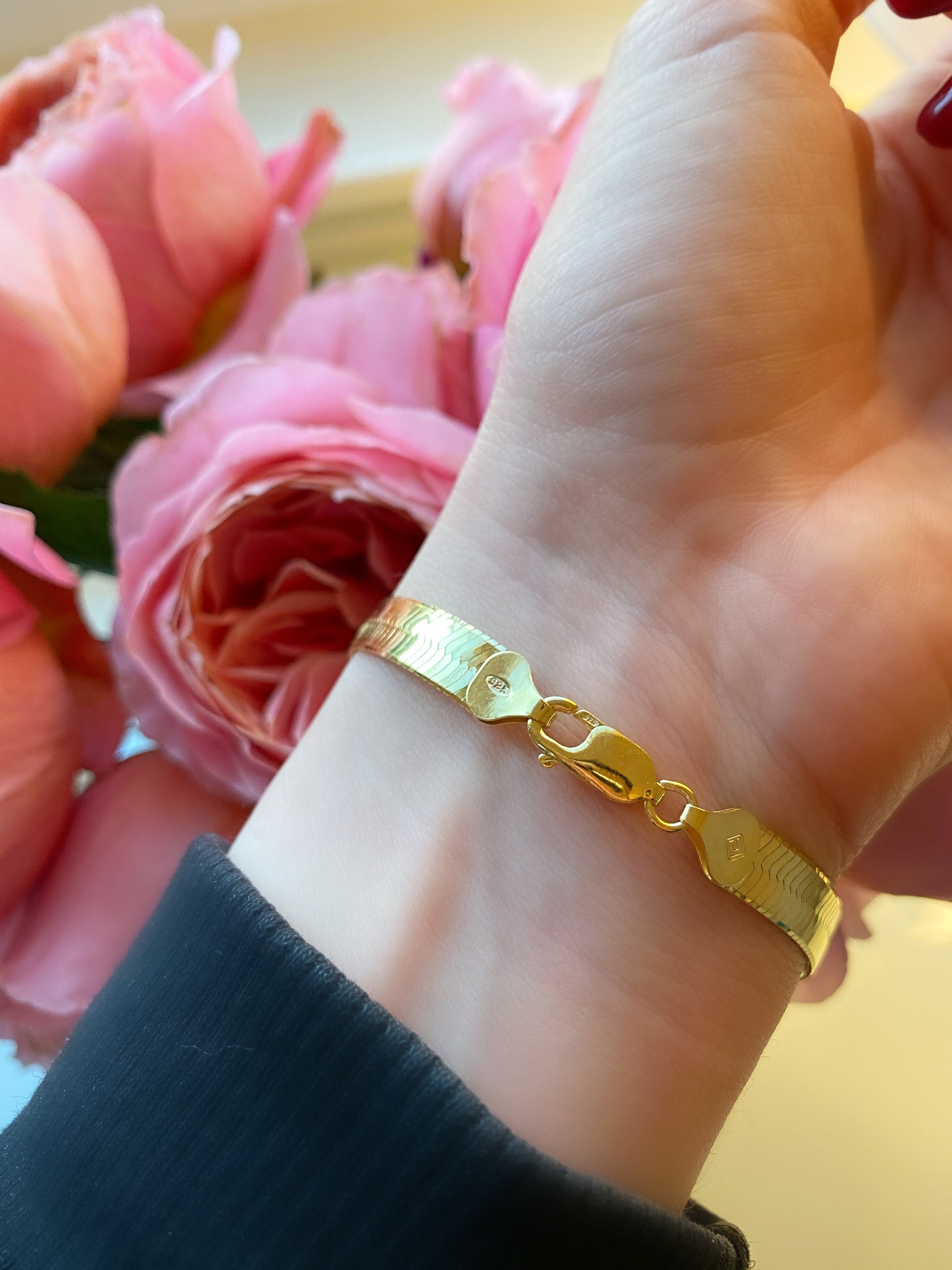 Gold Herringbone Bracelet 7mm Wide Herringbone Chain Etsy