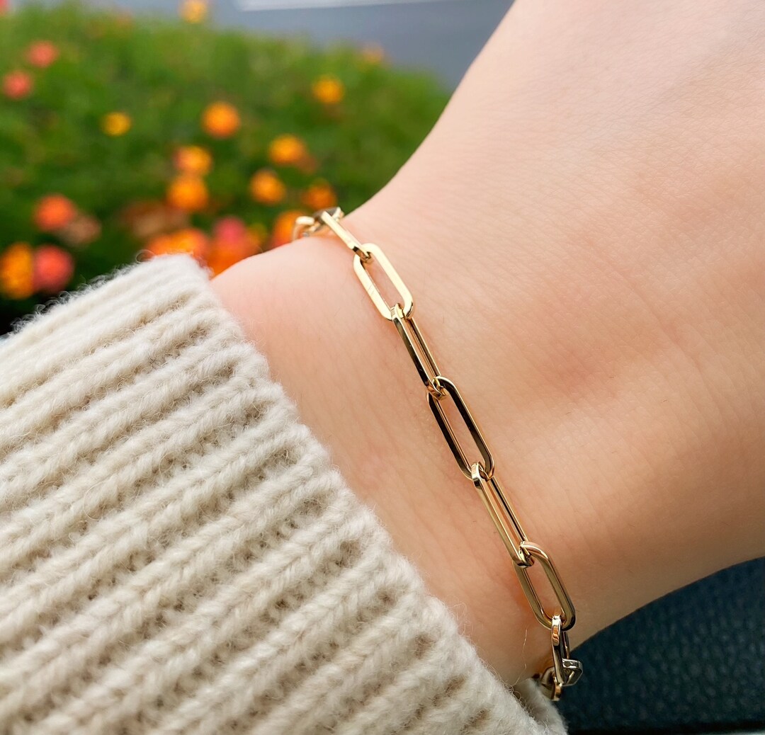 Paperclip Chain Bracelet 14K Gold, 4MM Paperclip Bracelet, Staple Link Bracelet W/ Lobster Clasp