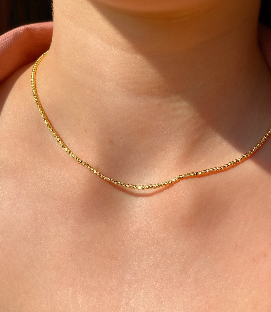 ★PEARLY MORE★ Little man Cutting Ball Chain Necklace Diamond Cut Ball Chain, 14K Solid Gold Bead Necklace