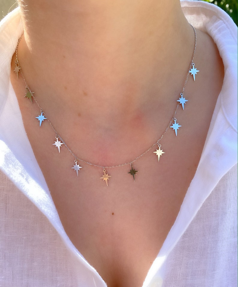 Silver Star Charm Necklace, Multiple Star Necklace, Star Choker, Gold Starburst Necklace, Dainty Star Choker, Gift for Daughter,BirthdayGift image 2