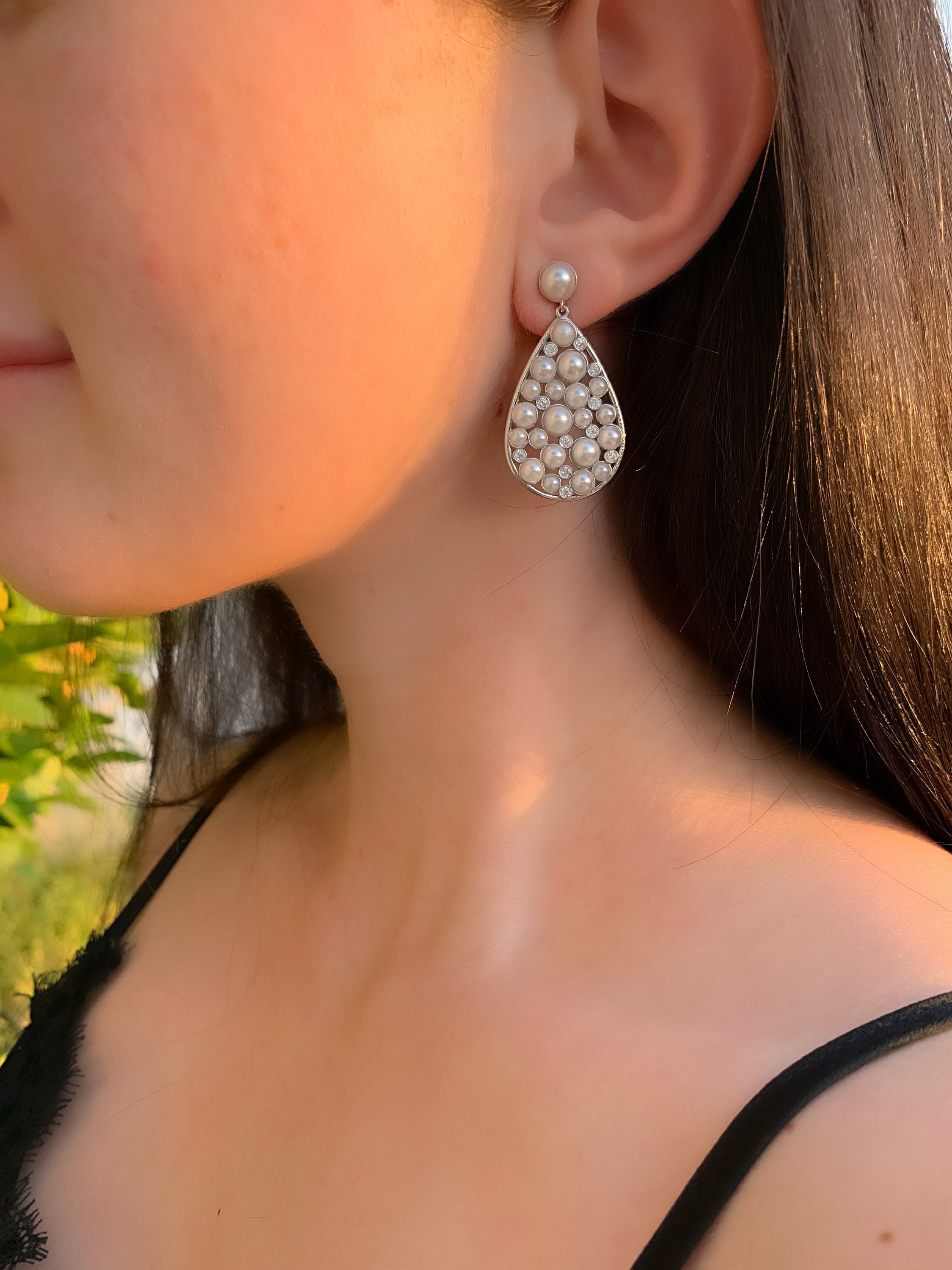 Aquamarine Gemstone Pearl Cluster Earrings Gold Post– Doolittle