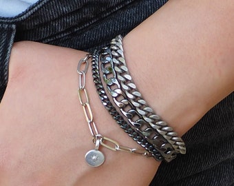 Silver Layered Bracelet | Silver Loops With Black Agate Chain And A Silver Pendant | Silver Wrap Everyday Bracelet