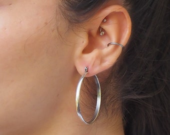 Flat Silver Hoop Earrings | Large Hoop Earrings | Wide Silver Hoop Earrings | Dainty Silver Hoops