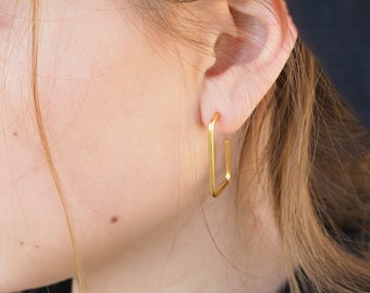Gold Rectangle Hoop Earrings | Open Rectangle Hoop | Gold Minimalist Earrings | Geometric Earrings