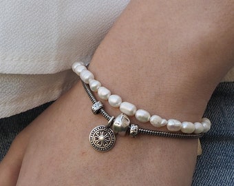 Silver And Pearls Layered Bracelet | Silver Loops With Pearl Chain And A Silver Pendant | Silver Wrap Everyday Bracelet