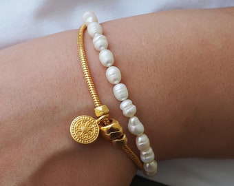 Gold And Pearls Layered Bracelet | Gold Loops With Pearl Chain And A Gold Pendant | Gold Wrap Everyday Bracelet