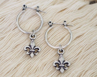 Silver Fleur de Lis Earrings | Fleur De Lis Dangle Earrings | Silver Hoop Earrings | Fleur De Lis Jewellery