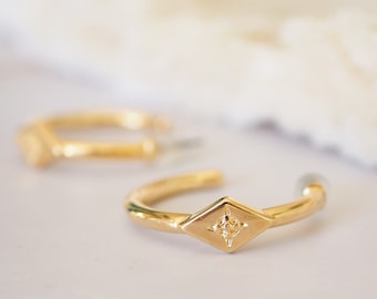 Gold Rhombus With A Star Hoop Earrings | Thick Push Back Open Hoop Earrings | Minimalist Dainty Geometric Earrings