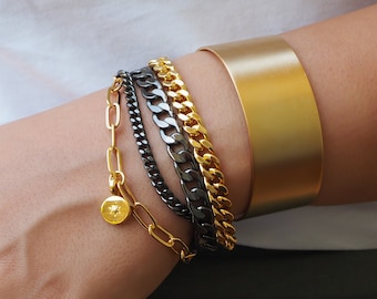 Gold Layered Bracelet | Gold Loops With Black Agate Chain And A Gold Pendant | Gold Wrap Everyday Bracelet