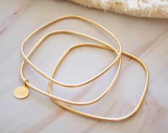 Set Of Three Gold Bangles | Dainty Gold Bangle Bracelet | Thin Gold Bangles | Geometric Gold Bracelet