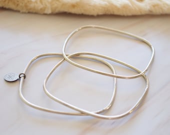 Set Of Three Silver Bangles | Dainty Silver Bangle Bracelet | Thin Silver Bangles | Geometric Silver Bracelet