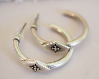Silver Rhombus With A Star Hoop Earrings | Thick Push Back Open Hoop Earrings | Minimalist Dainty Geometric Earrings