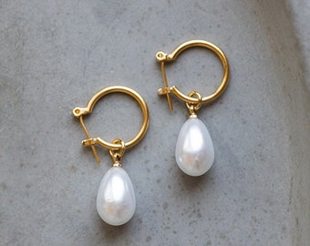 Gold Plated Pearl Earrings | Dainty Pearl Earrings | Gold Hoop Earrings | Vintage Drop Earrings | Gold Dangle Earrings