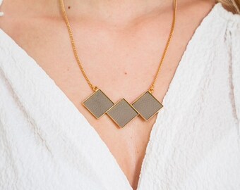 Geometric gold necklace | Short statement necklace  | Gold square necklace | Squares necklace | Leather jewelry | Geometric unique necklace