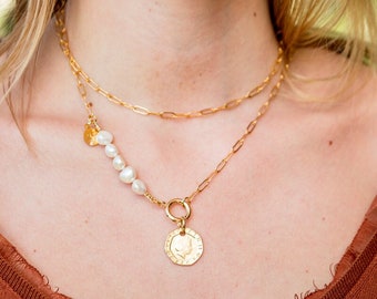 Long gold coin necklace |  Pearl and coin necklace |  Versatile gold necklace | Coin necklace | Pearl jewelry | Long pearl necklace