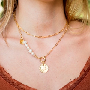 Long gold coin necklace Pearl and coin necklace Versatile gold necklace Coin necklace Pearl jewelry Long pearl necklace image 1