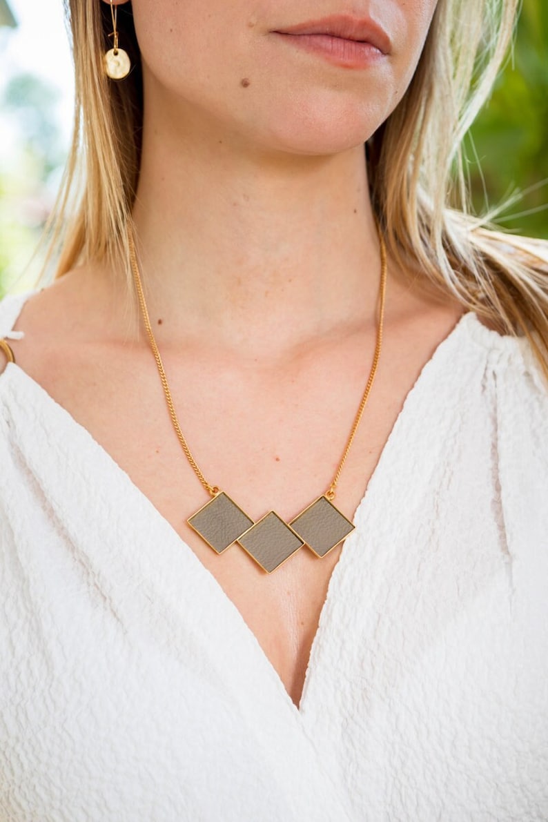 Geometric gold necklace Short statement necklace Gold square necklace Squares necklace Leather jewelry Geometric unique necklace image 1