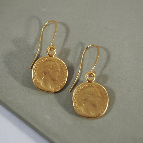 Gold roman coin earrings | Gold drop earrings | Gold dainty earrings | Dangling gold coin earrings | Everyday delicate earrings