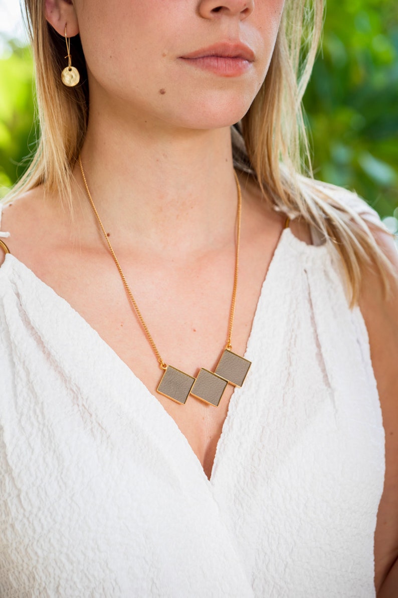 Geometric gold necklace Short statement necklace Gold square necklace Squares necklace Leather jewelry Geometric unique necklace image 2