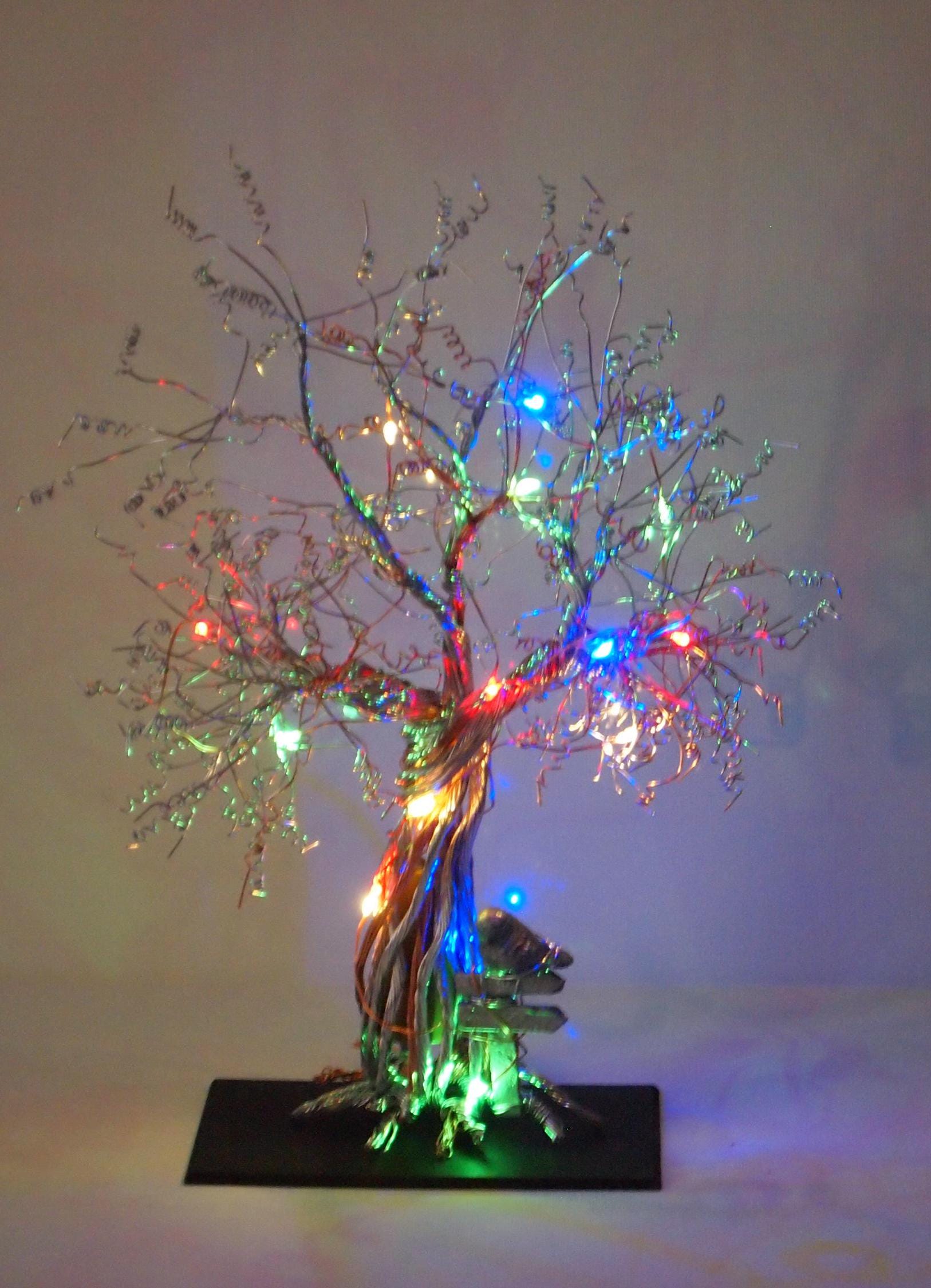 Silver and Copper Wire Tree Sculpture With Bird on Sign and LED Lights ...