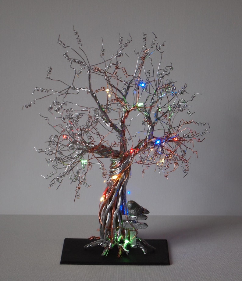 Silver and Copper Wire Tree Sculpture With Bird on Sign and LED Lights ...