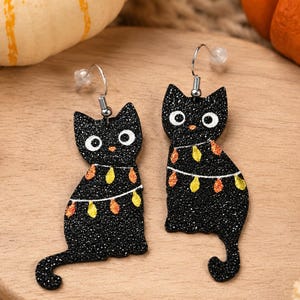 Halloween Black Cat Earrings, Spooky Cat Dangle Earrings, Cute Halloween Jewelry, String Light Kitty Earrings, Cat Lover Gift