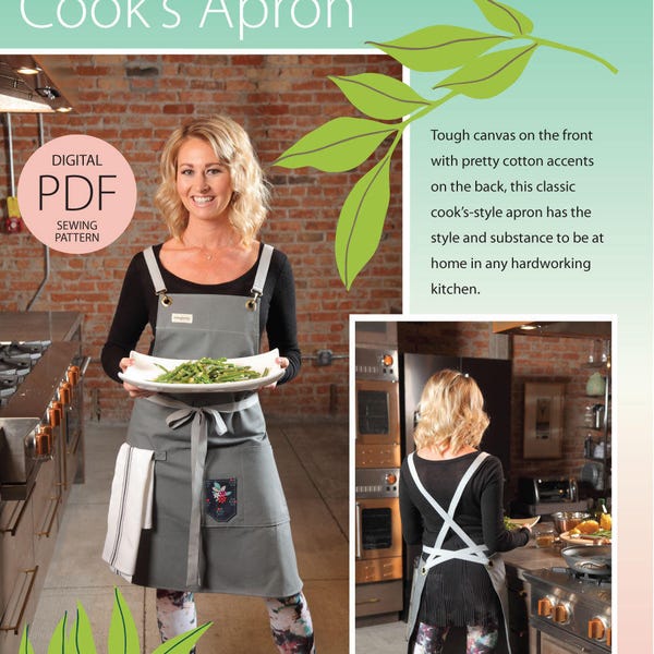 Cook's Apron Digital PDF Sewing Pattern in Classic Long Silhouette w/task pockets, handy towel loop & wrap ties-as seen in Where Women Cook