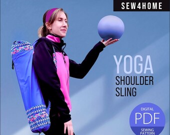 May include: A digital PDF sewing pattern for a yoga shoulder sling. The pattern is for a blue and pink sling with a colorful trim. The image shows a person wearing the sling and holding a blue ball.