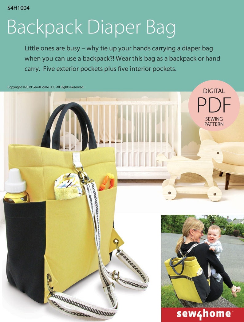 May include: A yellow and black backpack diaper bag with a white and black patterned strap. The bag has multiple pockets and is shown being worn by a person carrying a baby. The text "sew4home" is in red at the bottom of the image.
