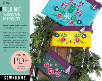 Puede incluir: Un patrón de costura digital PDF para un conjunto de tres estuches con cremallera bordados. Los estuches se muestran en tela turquesa, amarilla y gris con diseños de bordado de arte popular coloridos. El patrón incluye instrucciones para hacer un folio grande de 30,5 x 23 cm, un estuche para lápices mediano de 25,4 x 12,7 cm y un estuche pequeño de 20,3 x 12,7 cm.