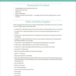 May include: A sewing pattern guide for a machine mat and caddy. The guide lists the sewing tools and fabric needed for the project. The fabric is described in detail, including the color and size. The guide also includes a list of sewing tools, such as a sewing machine, zipper foot, and walking foot.