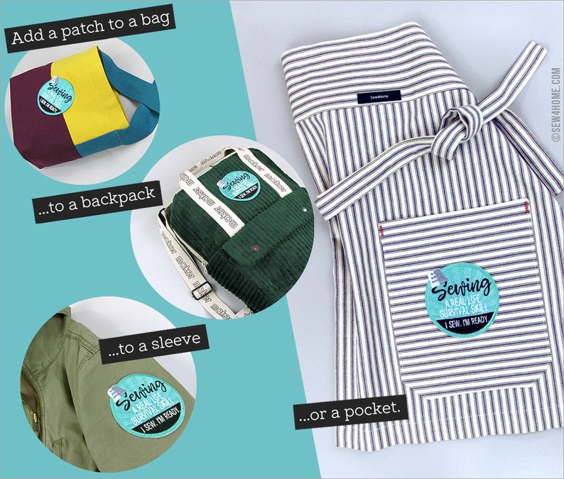 Puede incluir: Un delantal a rayas azul y blanco con un bolsillo y un parche redondo azul turquesa que dice "Coser: Una habilidad de supervivencia de la vida real Yo coso, estoy listo".