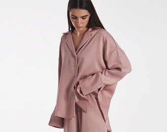 powder tancel home suit with decorative slit cuffs pink pajamas gift for her sexy suit Valentines gift oversized home wear