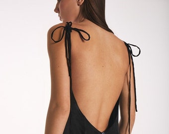 black satin slip dress with back bows home wear gift for her sexy satin dress Valentines gift dress with an open back