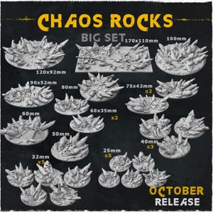 May include: A set of 10 different sized resin bases for miniature wargaming. The bases feature a chaotic rock formation design. The set includes 5 bases that are 32mm in diameter, 5 bases that are 25mm in diameter, 3 bases that are 40mm in diameter, 2 bases that are 60x35mm, 2 bases that are 75x42mm, 1 base that is 80mm in diameter, 1 base that is 90x52mm, 1 base that is 120x92mm, 1 base that is 170x110mm, and 1 base that is 100mm in diameter. The bases are all made of a light gray resin.