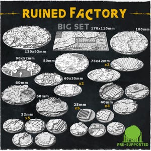 May include: A set of 10 ruined factory themed round bases for miniature wargaming. The set includes bases ranging in size from 32mm to 170mm. The bases are pre-supported and ready to be printed.