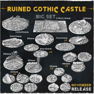 May include: A set of 10 ruined gothic castle themed miniature bases for tabletop gaming. The bases are made of resin and come in various sizes, ranging from 25mm to 170mm. The bases feature detailed ruins, rubble, and other debris, perfect for creating a realistic and atmospheric battlefield.