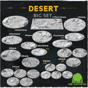 May include: A set of 10 desert-themed, pre-supported resin bases for miniature wargaming. The set includes a variety of sizes, from 32mm to 170mm, and features a cracked, dry earth texture.