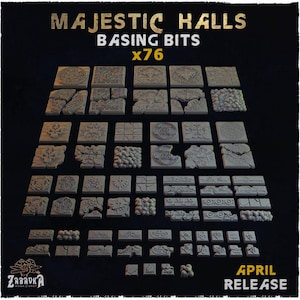 May include: A collection of 76 grey resin basing bits titled Majestic Halls Basing Bits x76. The set includes various square and rectangular tiles featuring intricate stone carvings, skulls, floral patterns, and geometric designs for miniatures.