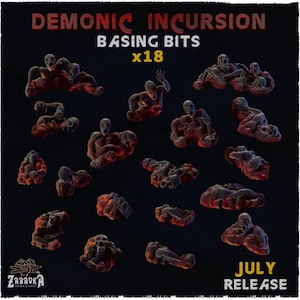 Puede incluir: Un conjunto de 18 piezas de base en miniatura tituladas Demonic Incursion. La colección presenta figuras humanoides grises que emergen de bases texturizadas de color rojo lava. Cada pieza muestra una pose única de una criatura.