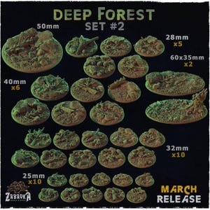 May include: A collection of miniature terrain bases for tabletop gaming, labeled "Deep Forest Set #2." The bases vary in size, including 50mm, 40mm, 28mm, 60x35mm, 32mm, and 25mm. The bases are textured with forest details and are a March release.