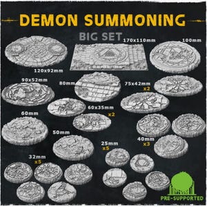 May include: A set of 12 resin bases for tabletop gaming, featuring various sizes and designs of demon summoning circles. The bases range in size from 32mm to 170mm and are pre-supported for easy printing.